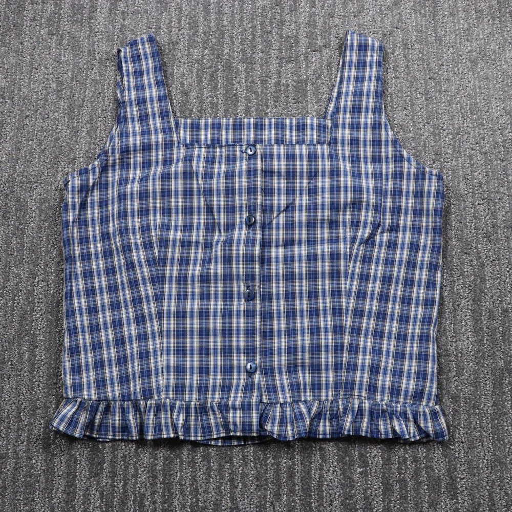 Vintage Zoey & Beth Womens Blue Plaid Peasant Top Medium Sleeveless Cottagecore
